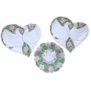 Vintage Silvestri Enchanted Roses 3 Piece Plate Set Doves Pink Green 1990s